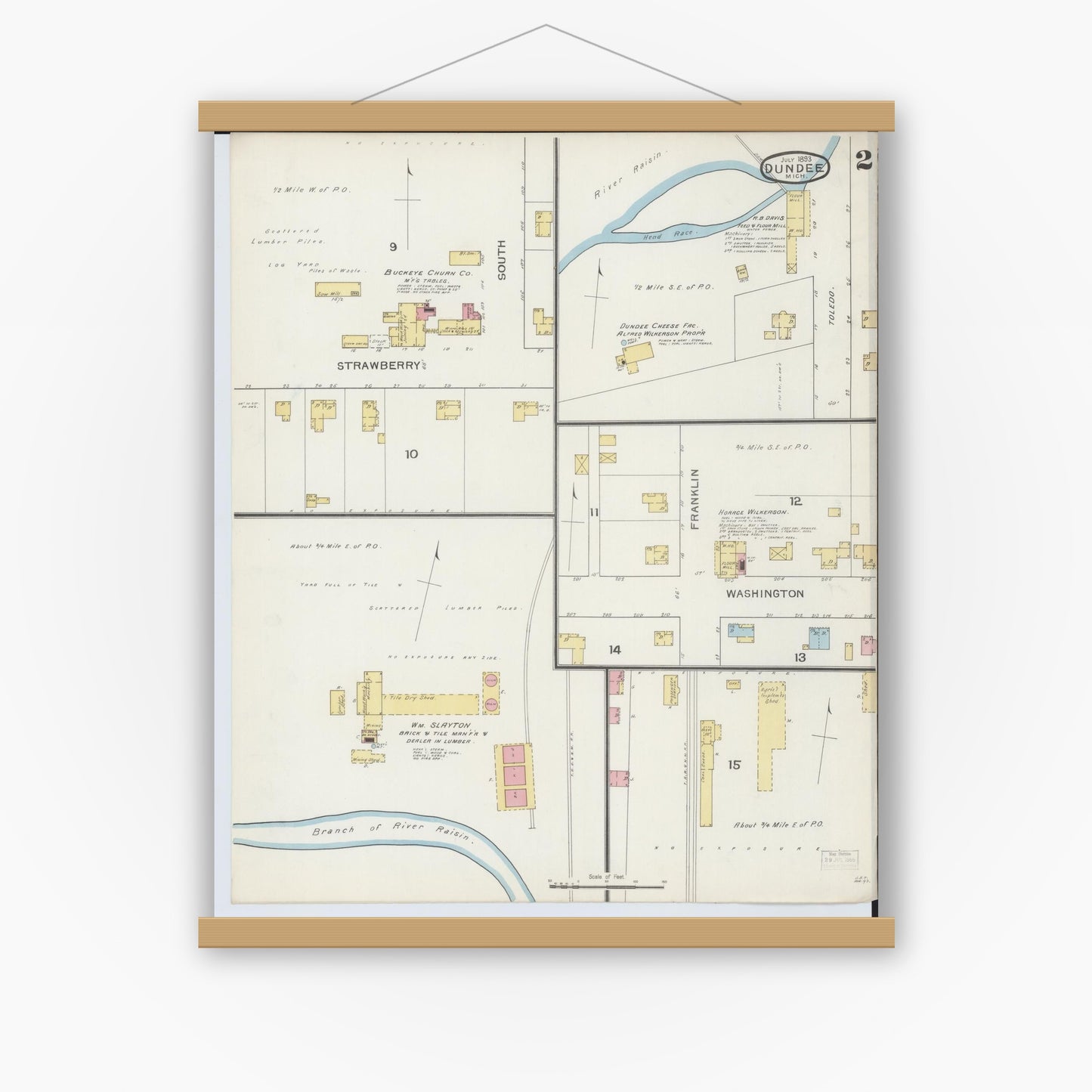 Old map wall art mockup — magnetic wood frame on white wall — Sanborn Fire Insurance Map from Dundee, Monroe County, Michigan (1893), Sheet #0002