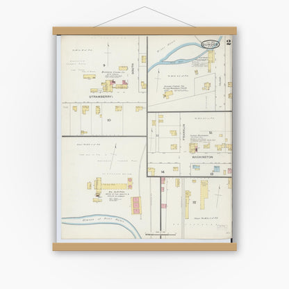 Old map wall art mockup — magnetic wood frame on white wall — Sanborn Fire Insurance Map from Dundee, Monroe County, Michigan (1893), Sheet #0002