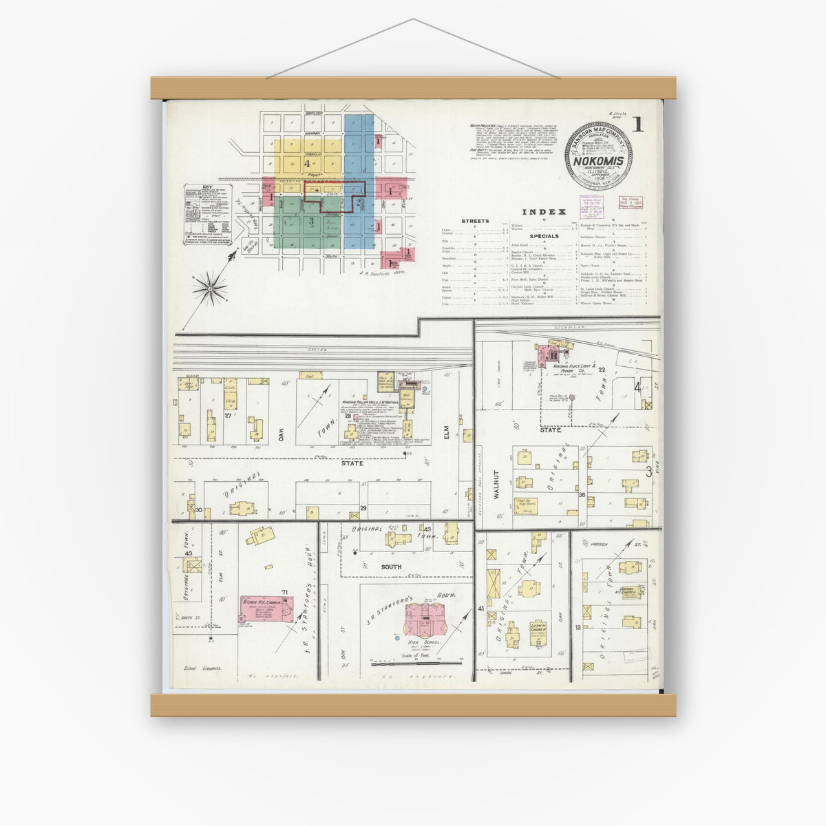 Old map wall art mockup — magnetic wood frame on white wall — Sanborn Fire Insurance Map from Nokomis, Montgomery County, Illinois (1906), Sheet #0001