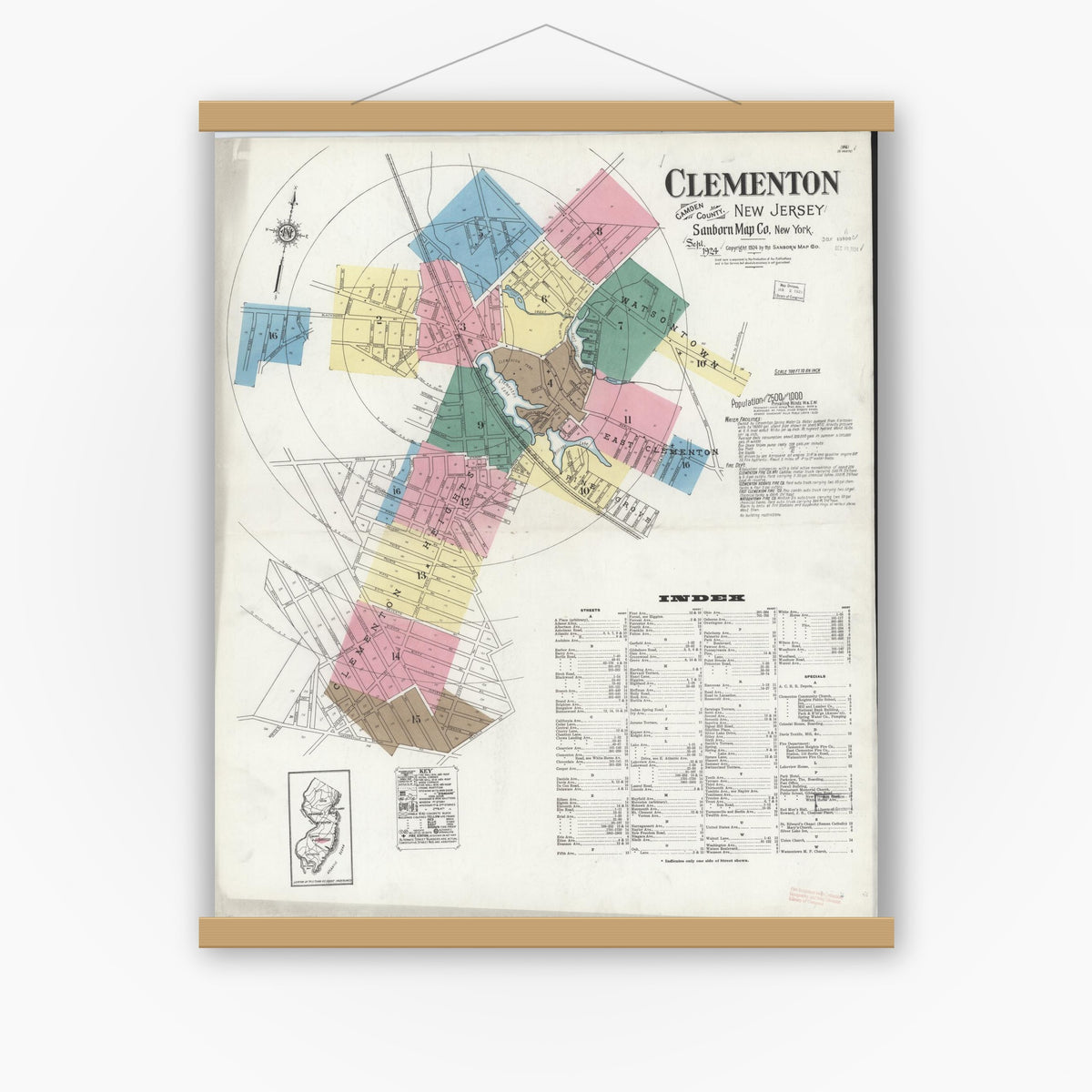 Old map wall art mockup — magnetic wood frame on white wall — Sanborn Fire Insurance Map from Clementon, Camden County, New Jersey (1924), Sheet #0001