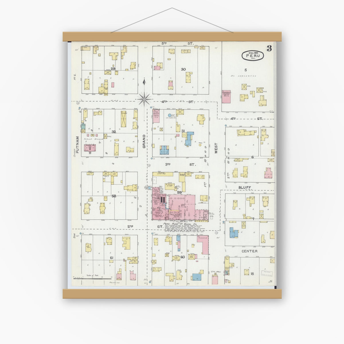 Old map wall art mockup — magnetic wood frame on white wall — Sanborn Fire Insurance Map from Peru, La Salle County, Illinois (1892), Sheet #0003