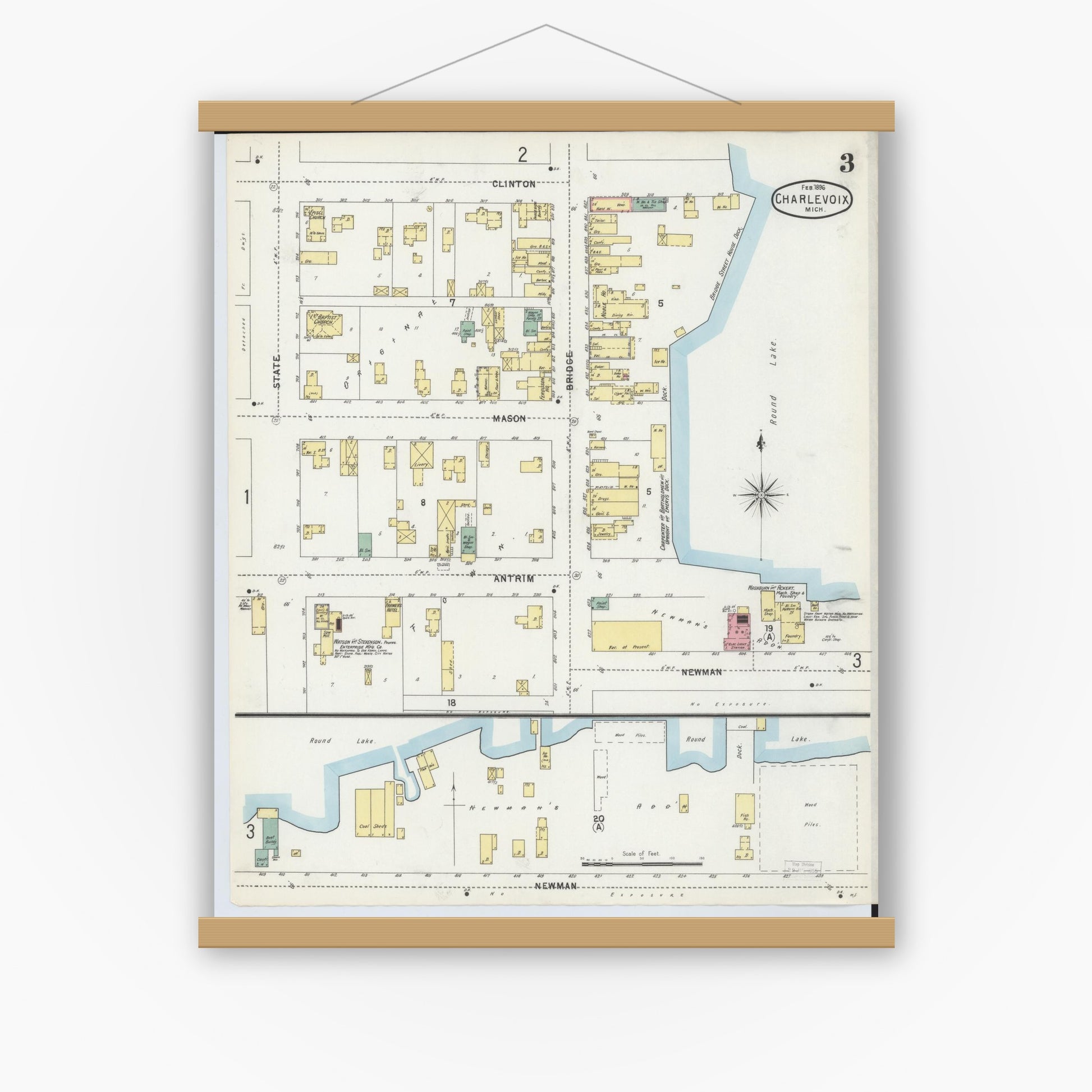 Old map wall art mockup — magnetic wood frame on white wall — Sanborn Fire Insurance Map from Charlevoix, Charlevoix County, Michigan (1896), Sheet #0003