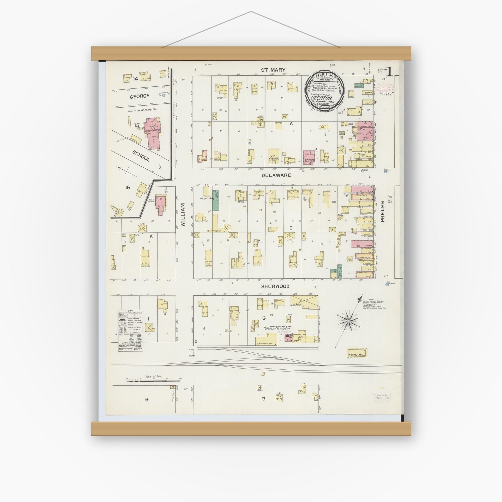 Old map wall art mockup — magnetic wood frame on white wall — Sanborn Fire Insurance Map from Decatur, Van Buren County, Michigan (1892), Sheet #0001