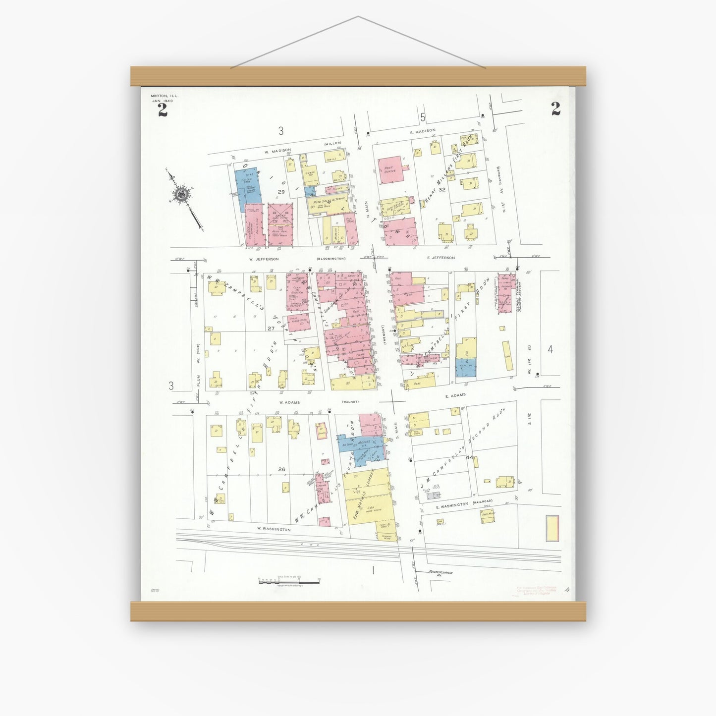 Old map wall art mockup — magnetic wood frame on white wall — Sanborn Fire Insurance Map from Morton, Tazewell County, Illinois (1940), Sheet #0002