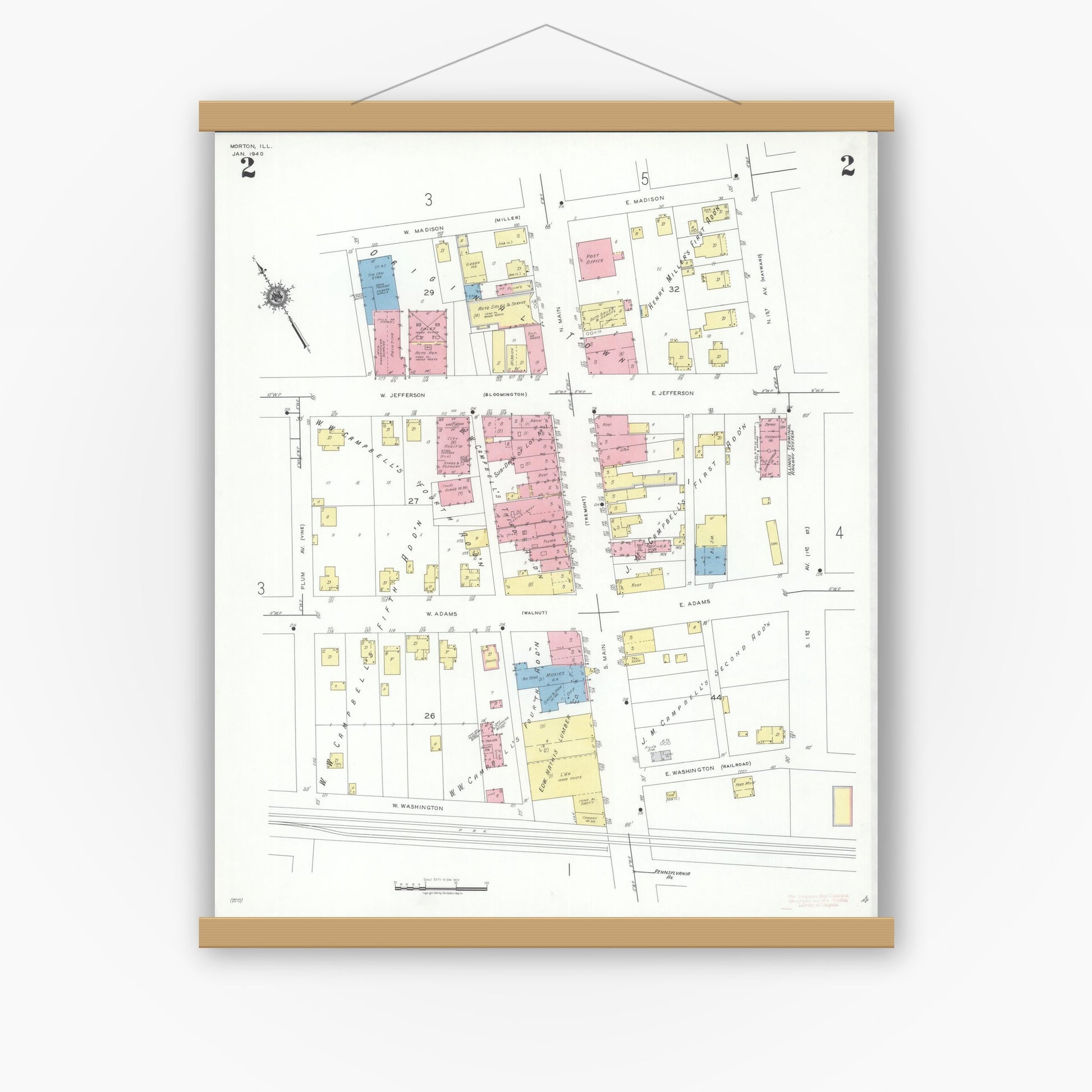 Old map wall art mockup — magnetic wood frame on white wall — Sanborn Fire Insurance Map from Morton, Tazewell County, Illinois (1940), Sheet #0002