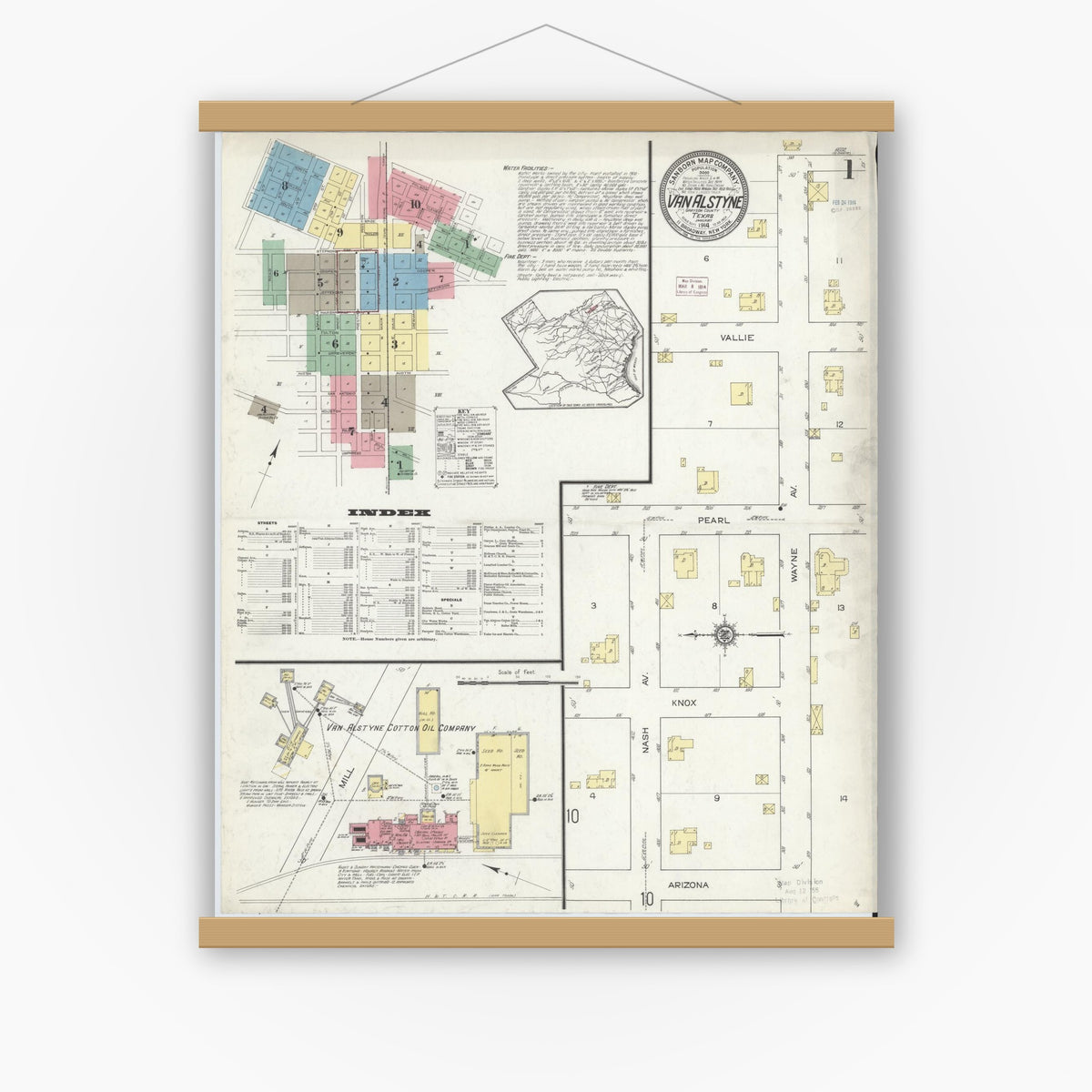 Old map wall art mockup — magnetic wood frame on white wall — Sanborn Fire Insurance Map from Van Alstyne, Grayson County, Texas (1914), Sheet #0001