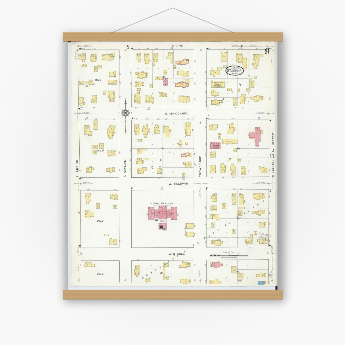 Old map wall art mockup — magnetic wood frame on white wall — Sanborn Fire Insurance Map from Saint Johns, Clinton County, Michigan (1918), Sheet #0009
