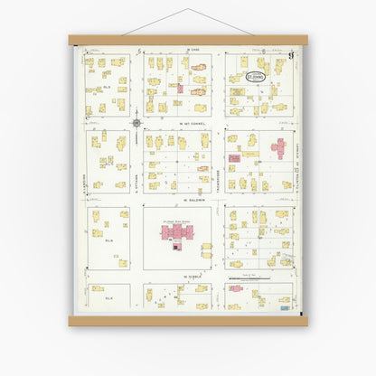Old map wall art mockup — magnetic wood frame on white wall — Sanborn Fire Insurance Map from Saint Johns, Clinton County, Michigan (1918), Sheet #0009