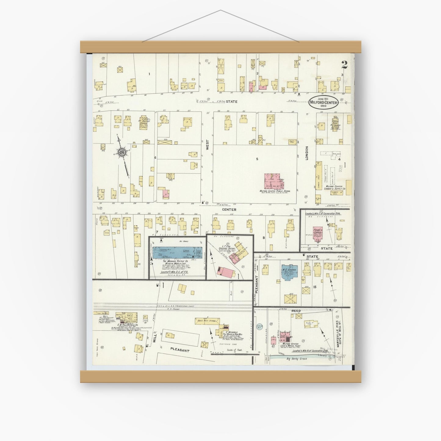 Old map wall art mockup — magnetic wood frame on white wall — Sanborn Fire Insurance Map from Milford Center, Union County, Ohio (1911), Sheet #0002