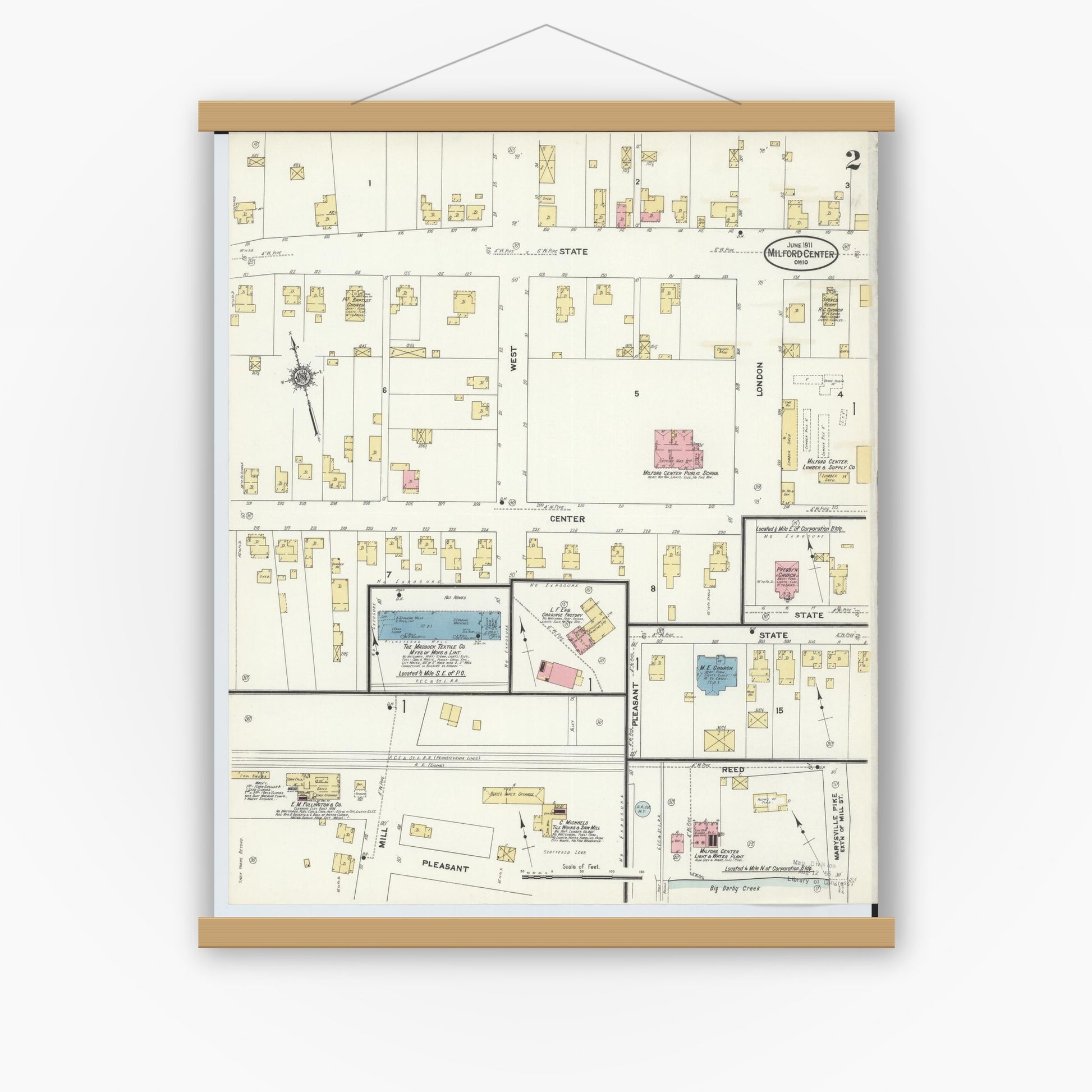 Old map wall art mockup — magnetic wood frame on white wall — Sanborn Fire Insurance Map from Milford Center, Union County, Ohio (1911), Sheet #0002