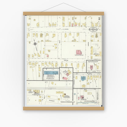 Old map wall art mockup — magnetic wood frame on white wall — Sanborn Fire Insurance Map from Milford Center, Union County, Ohio (1911), Sheet #0002