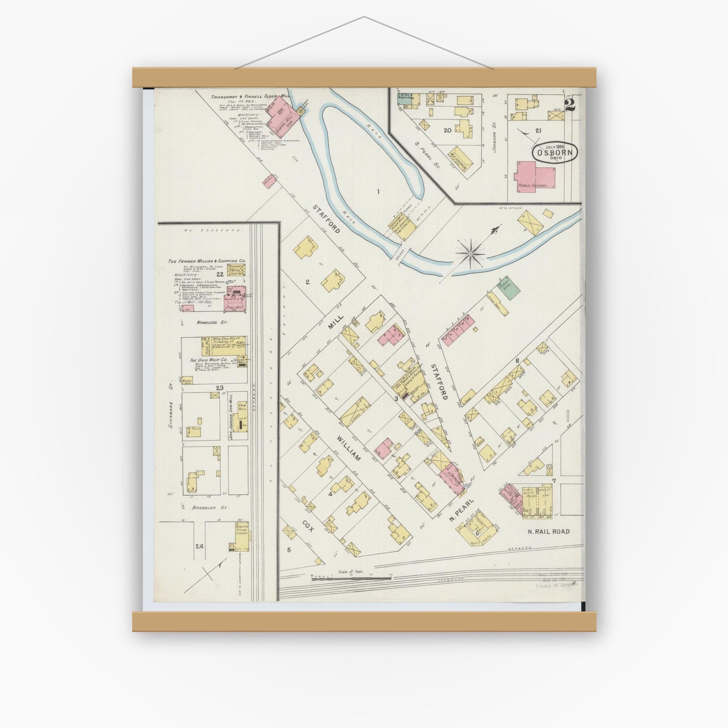 Old map wall art mockup — magnetic wood frame on white wall — Sanborn Fire Insurance Map from Osborn, Greene County, Ohio (1895), Sheet #0002