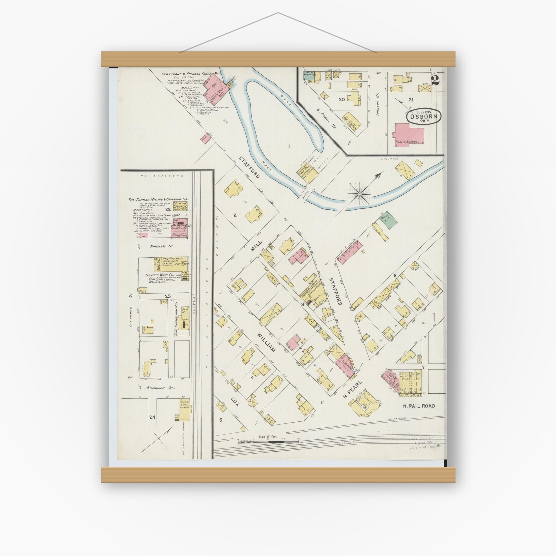 Old map wall art mockup — magnetic wood frame on white wall — Sanborn Fire Insurance Map from Osborn, Greene County, Ohio (1895), Sheet #0002