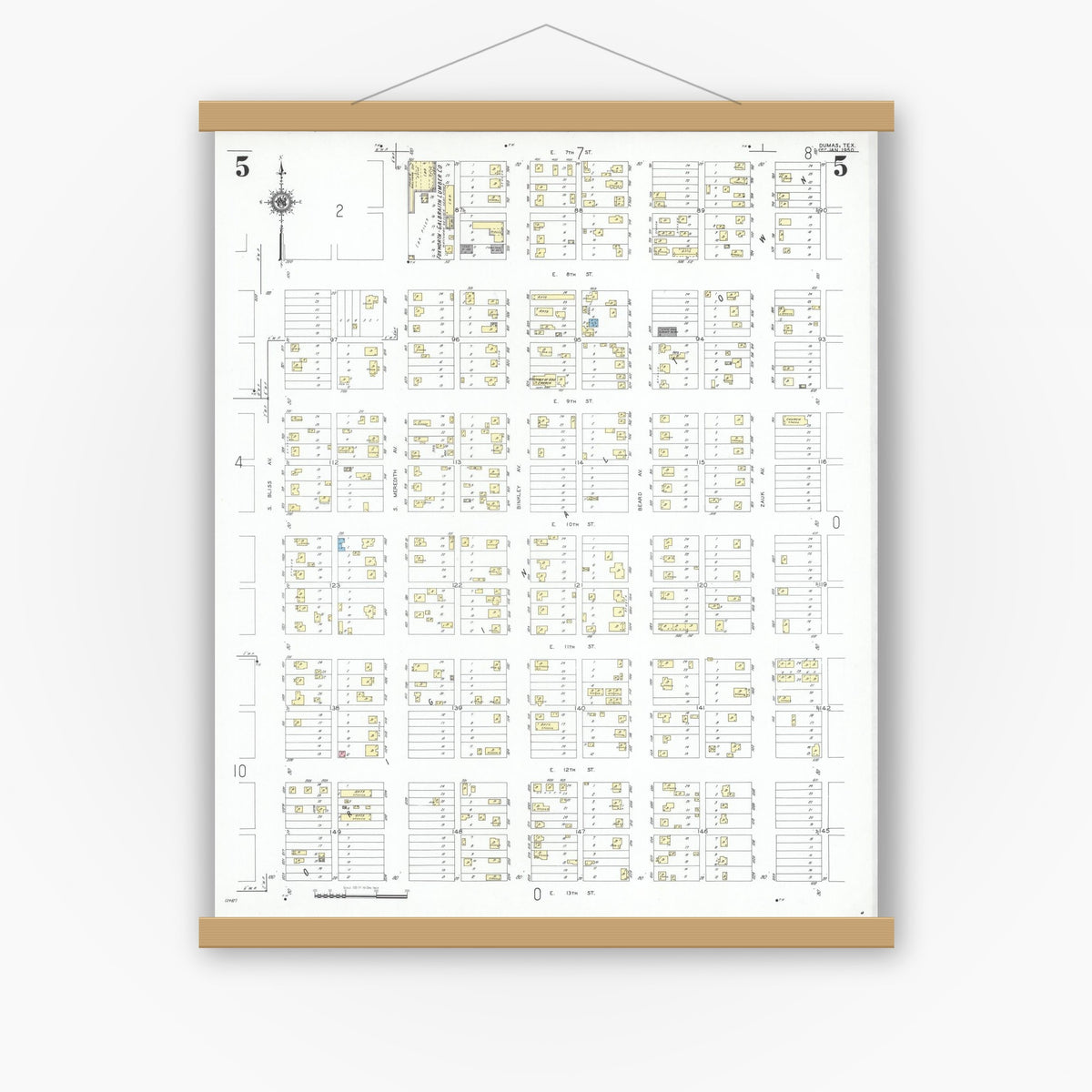Old map wall art mockup — magnetic wood frame on white wall — Sanborn Fire Insurance Map from Dumas, Moore County, Texas (1950), Sheet #0005