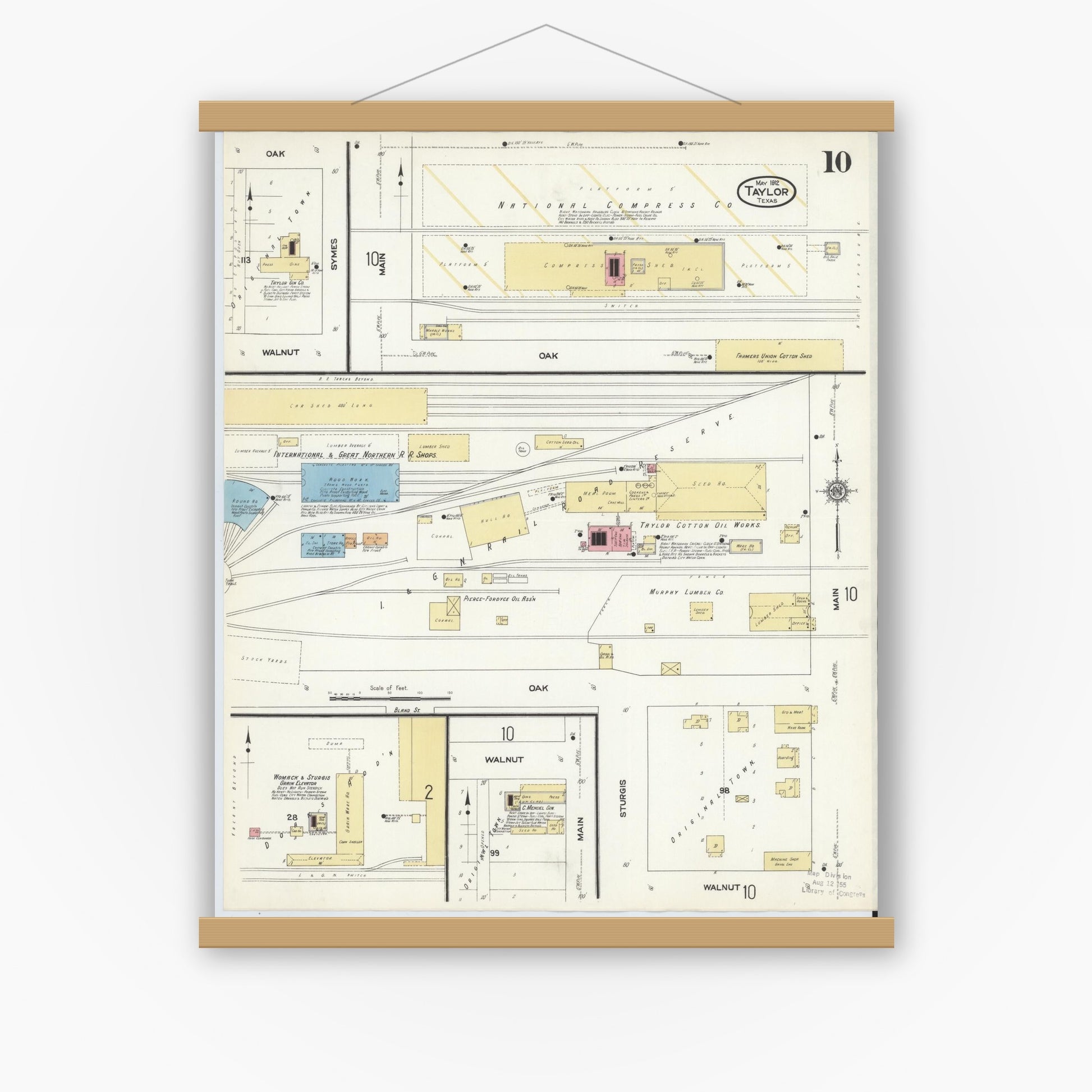 Old map wall art mockup — magnetic wood frame on white wall — Sanborn Fire Insurance Map from Taylor, Williamson County, Texas (1912), Sheet #0010