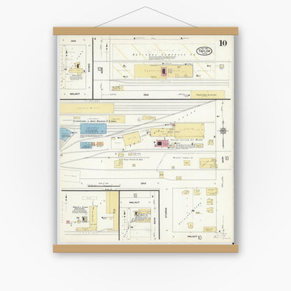 Old map wall art mockup — magnetic wood frame on white wall — Sanborn Fire Insurance Map from Taylor, Williamson County, Texas (1912), Sheet #0010