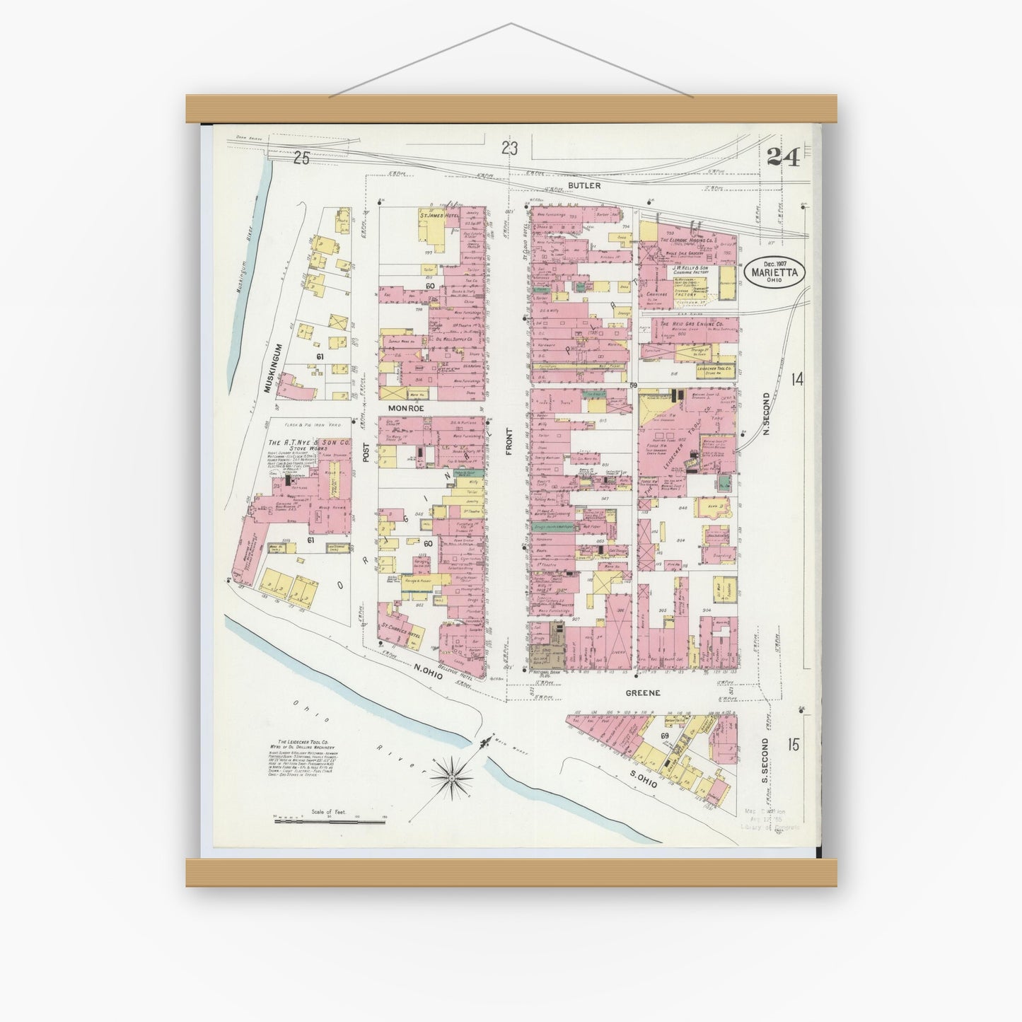 Old map wall art mockup — magnetic wood frame on white wall — Sanborn Fire Insurance Map from Marietta, Washington County, Ohio (1907), Sheet #0024