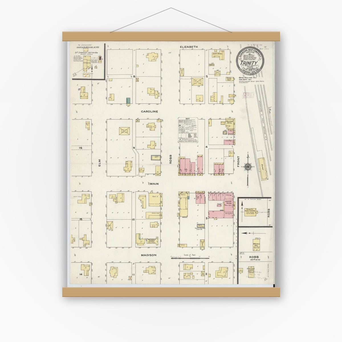 Old map wall art mockup — magnetic wood frame on white wall — Sanborn Fire Insurance Map from Trinity, Trinity County, Texas (1909), Sheet #0001