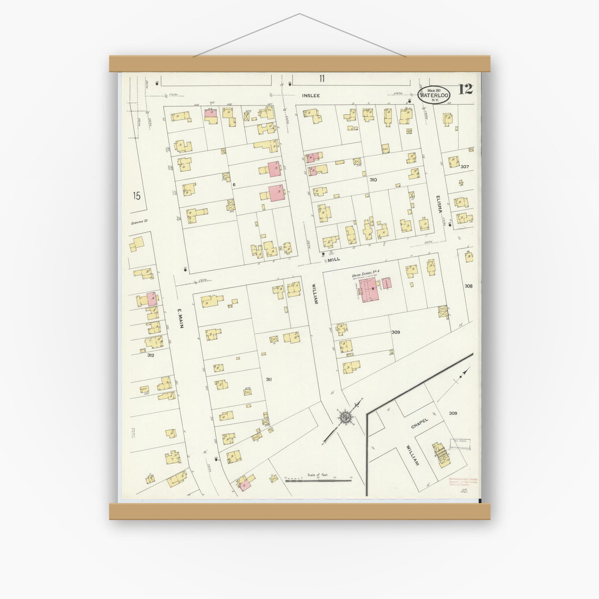 Old map wall art mockup — magnetic wood frame on white wall — Sanborn Fire Insurance Map from Waterloo, Seneca County, New York (1911), Sheet #0012