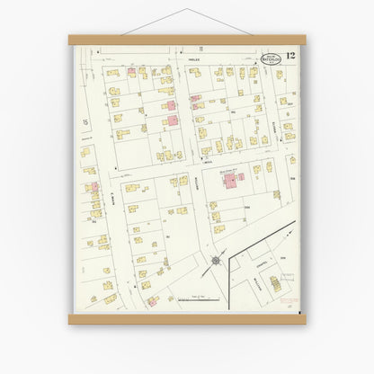 Old map wall art mockup — magnetic wood frame on white wall — Sanborn Fire Insurance Map from Waterloo, Seneca County, New York (1911), Sheet #0012
