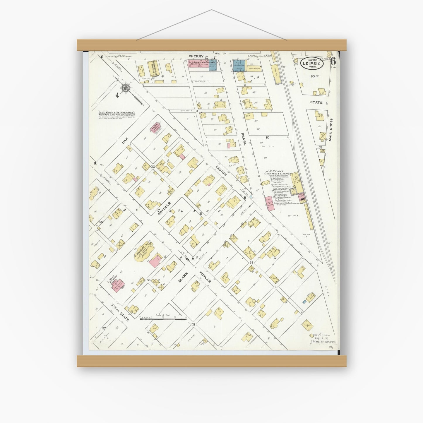 Old map wall art mockup — magnetic wood frame on white wall — Sanborn Fire Insurance Map from Leipsic, Putnam County, Ohio (1910), Sheet #0006