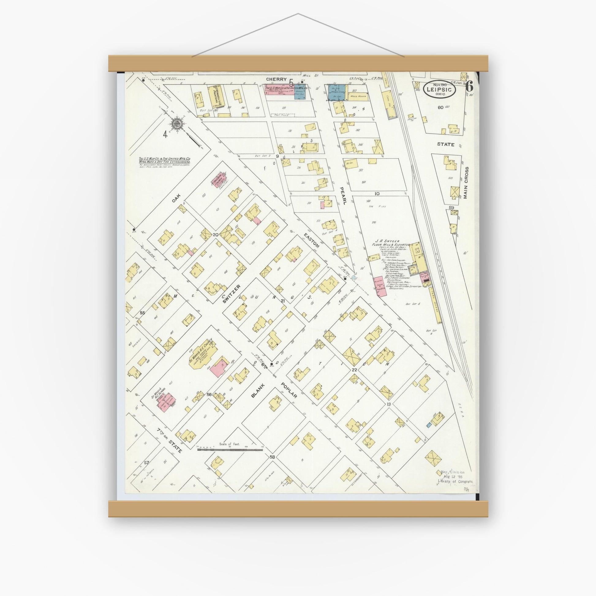 Old map wall art mockup — magnetic wood frame on white wall — Sanborn Fire Insurance Map from Leipsic, Putnam County, Ohio (1910), Sheet #0006
