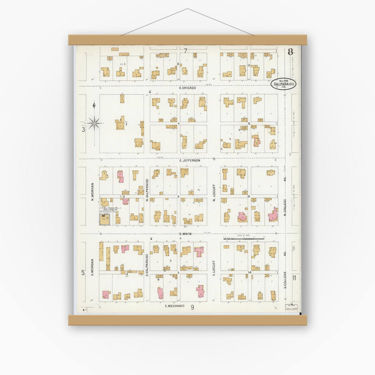 Old map wall art mockup — magnetic wood frame on white wall — Sanborn Fire Insurance Map from Valparaiso, Porter County, Indiana (1899), Sheet #0008