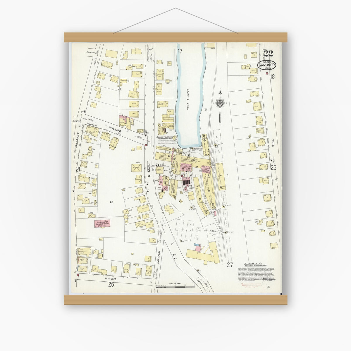 Old map wall art mockup — magnetic wood frame on white wall — Sanborn Fire Insurance Map from Gardner, Worcester County, Massachusetts (1914), Sheet #0022