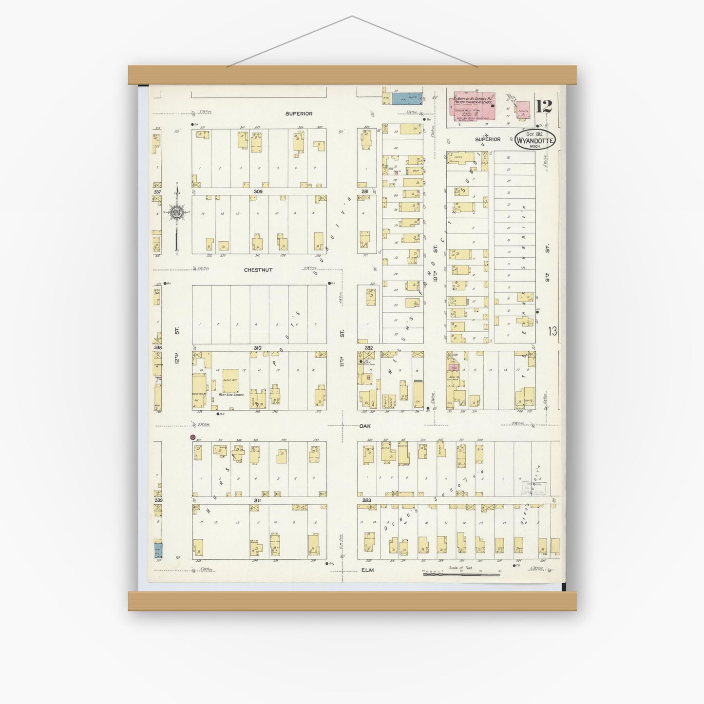 Old map wall art mockup — magnetic wood frame on white wall — Sanborn Fire Insurance Map from Wyandotte, Wayne County, Michigan (1912), Sheet #0012