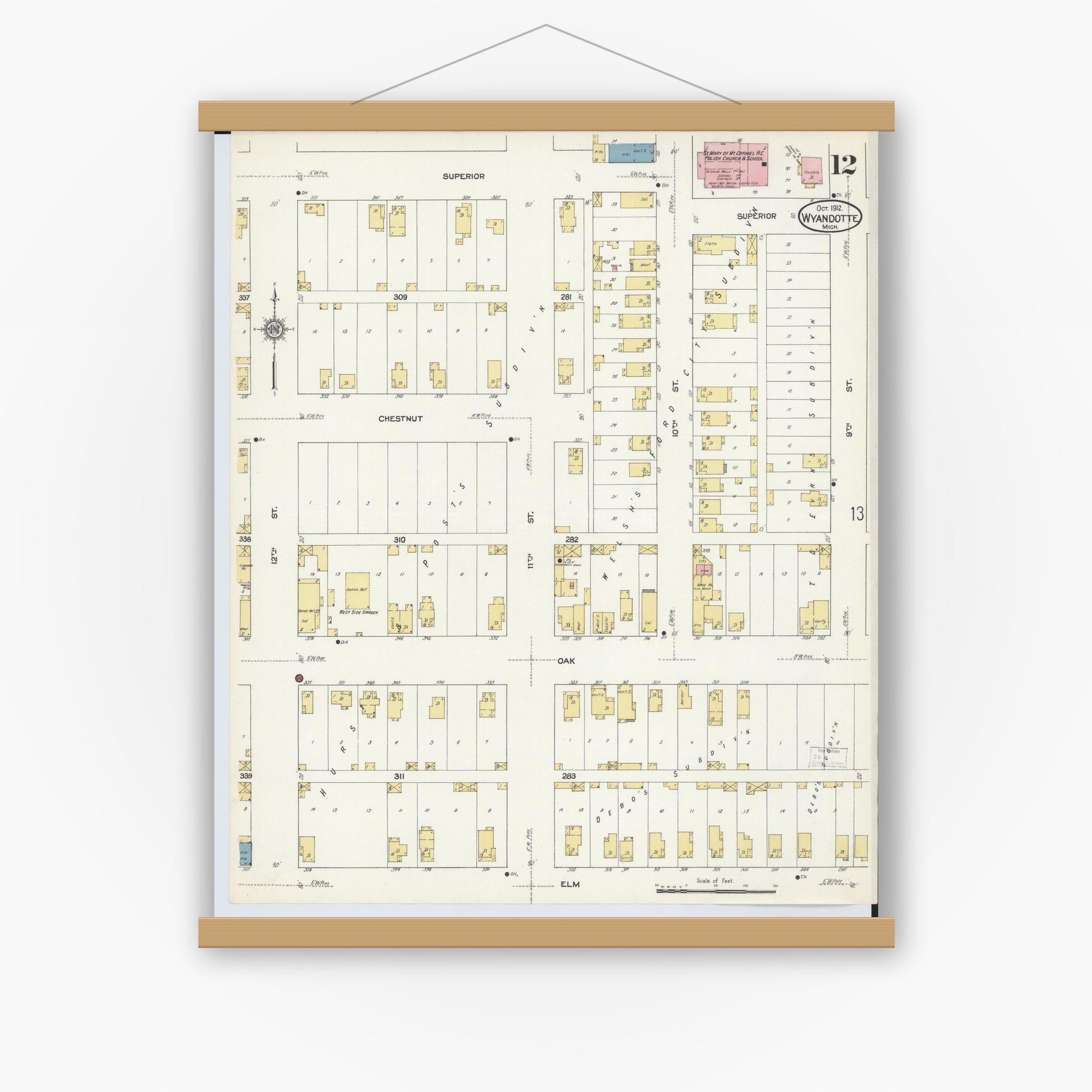 Old map wall art mockup — magnetic wood frame on white wall — Sanborn Fire Insurance Map from Wyandotte, Wayne County, Michigan (1912), Sheet #0012