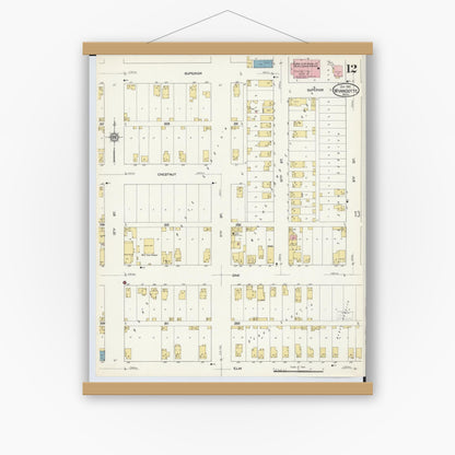 Old map wall art mockup — magnetic wood frame on white wall — Sanborn Fire Insurance Map from Wyandotte, Wayne County, Michigan (1912), Sheet #0012