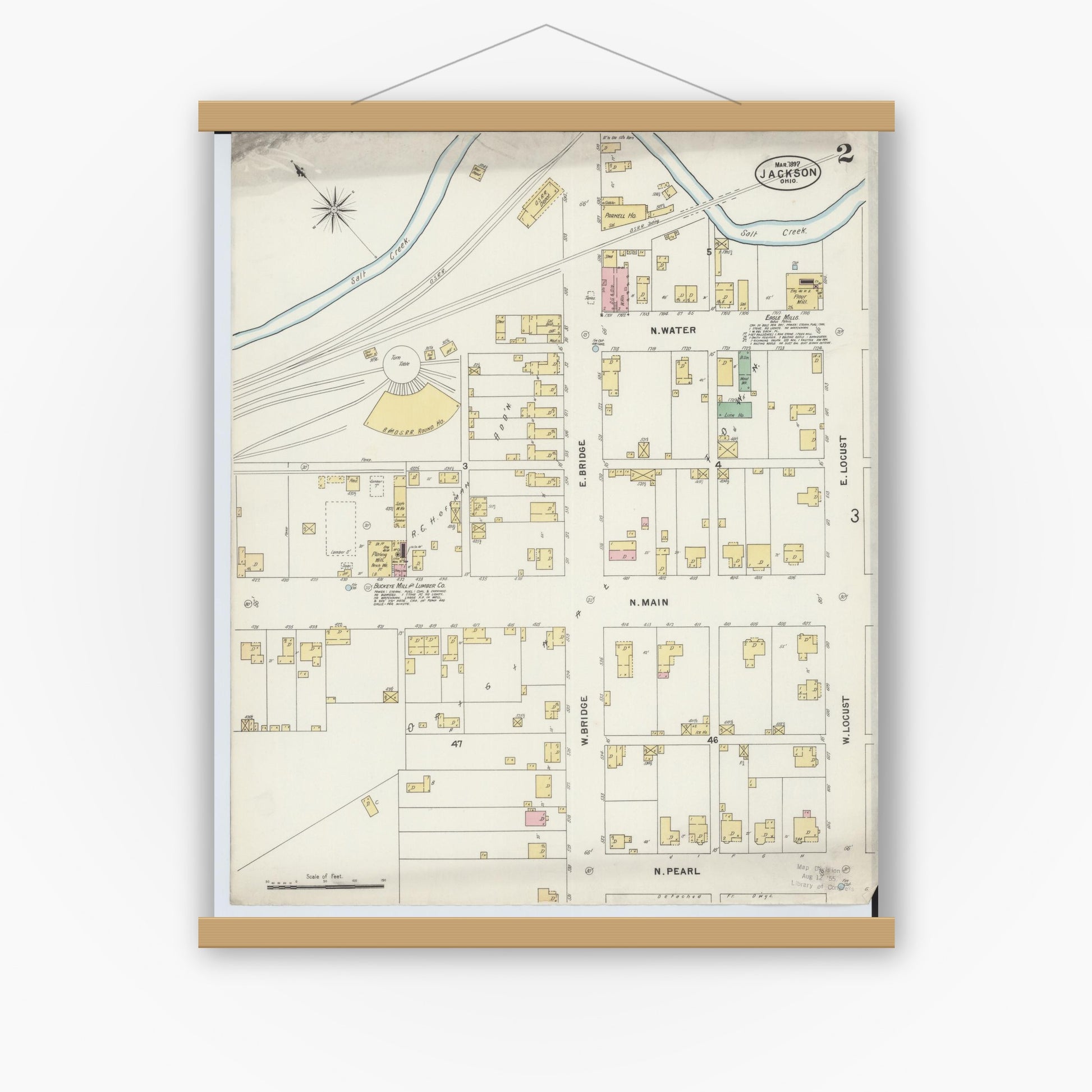 Old map wall art mockup — magnetic wood frame on white wall — Sanborn Fire Insurance Map from Jackson, Jackson County, Ohio (1897), Sheet #0002