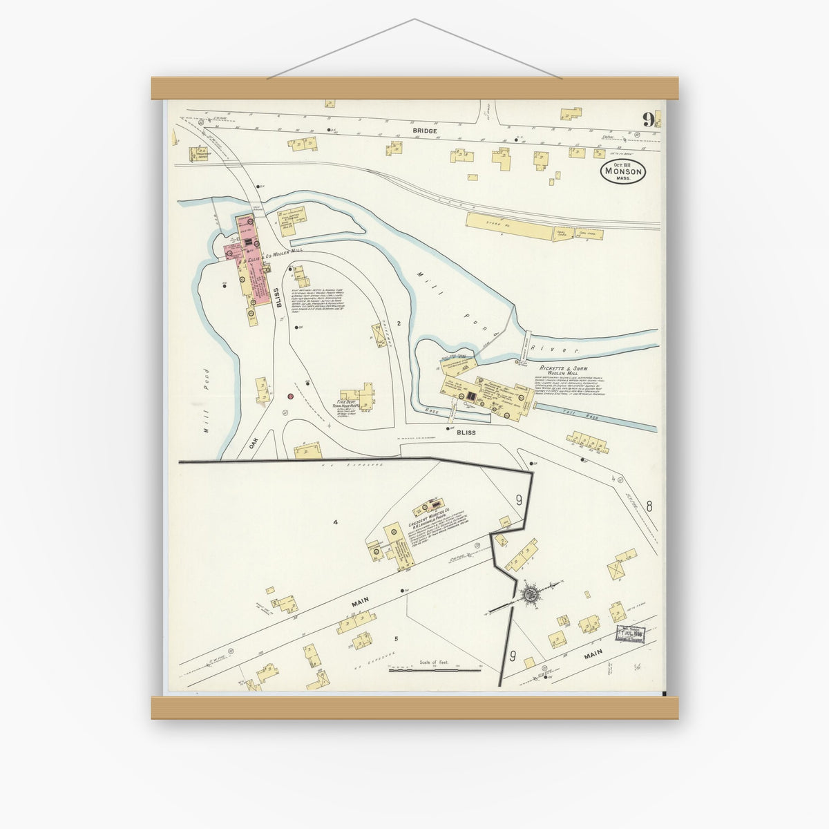 Old map wall art mockup — magnetic wood frame on white wall — Sanborn Fire Insurance Map from Monson, Hampden County, Massachusetts (1911), Sheet #0009