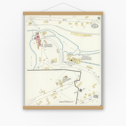 Old map wall art mockup — magnetic wood frame on white wall — Sanborn Fire Insurance Map from Monson, Hampden County, Massachusetts (1911), Sheet #0009