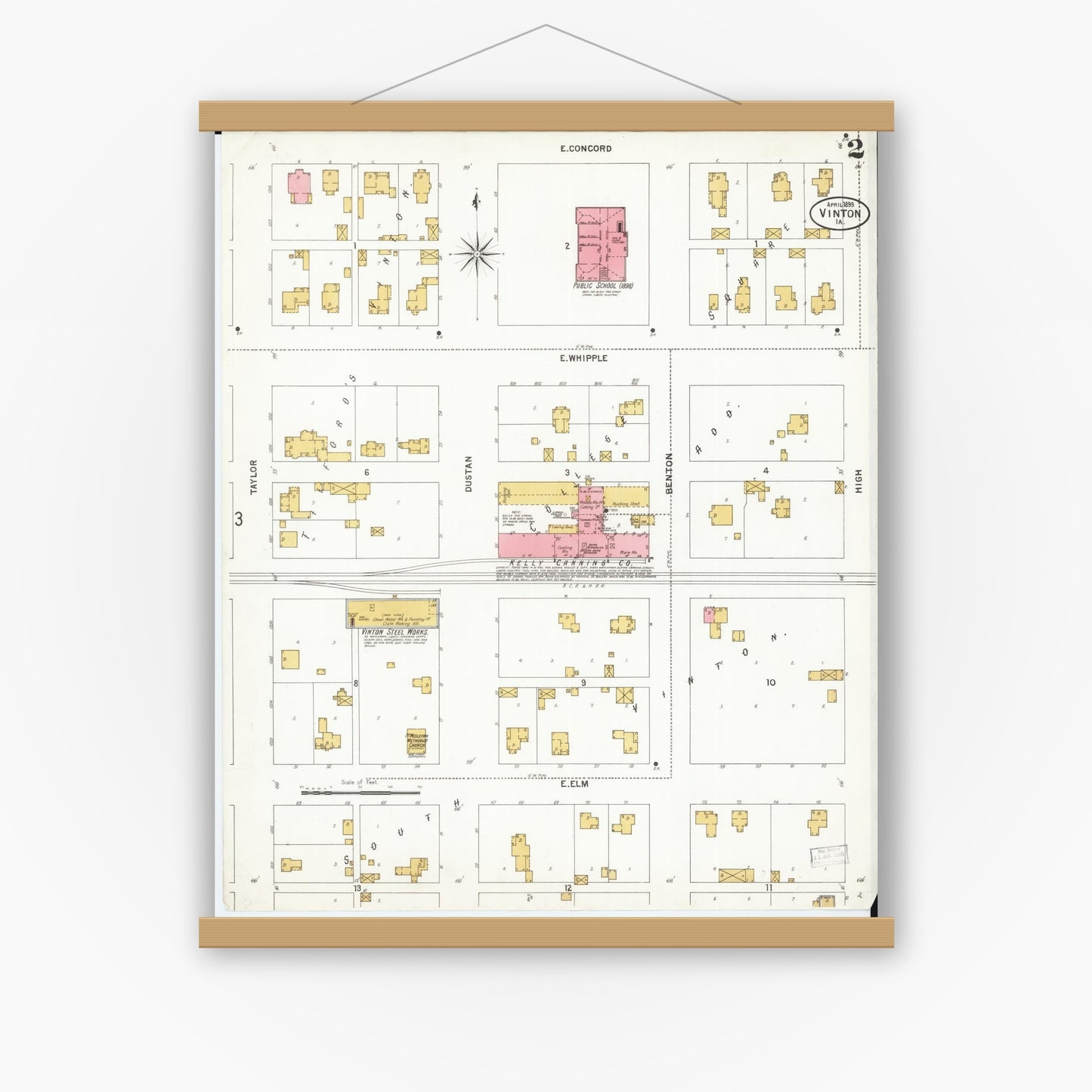 Old map wall art mockup — magnetic wood frame on white wall — Sanborn Fire Insurance Map from Vinton, Benton County, Iowa (1899), Sheet #0002