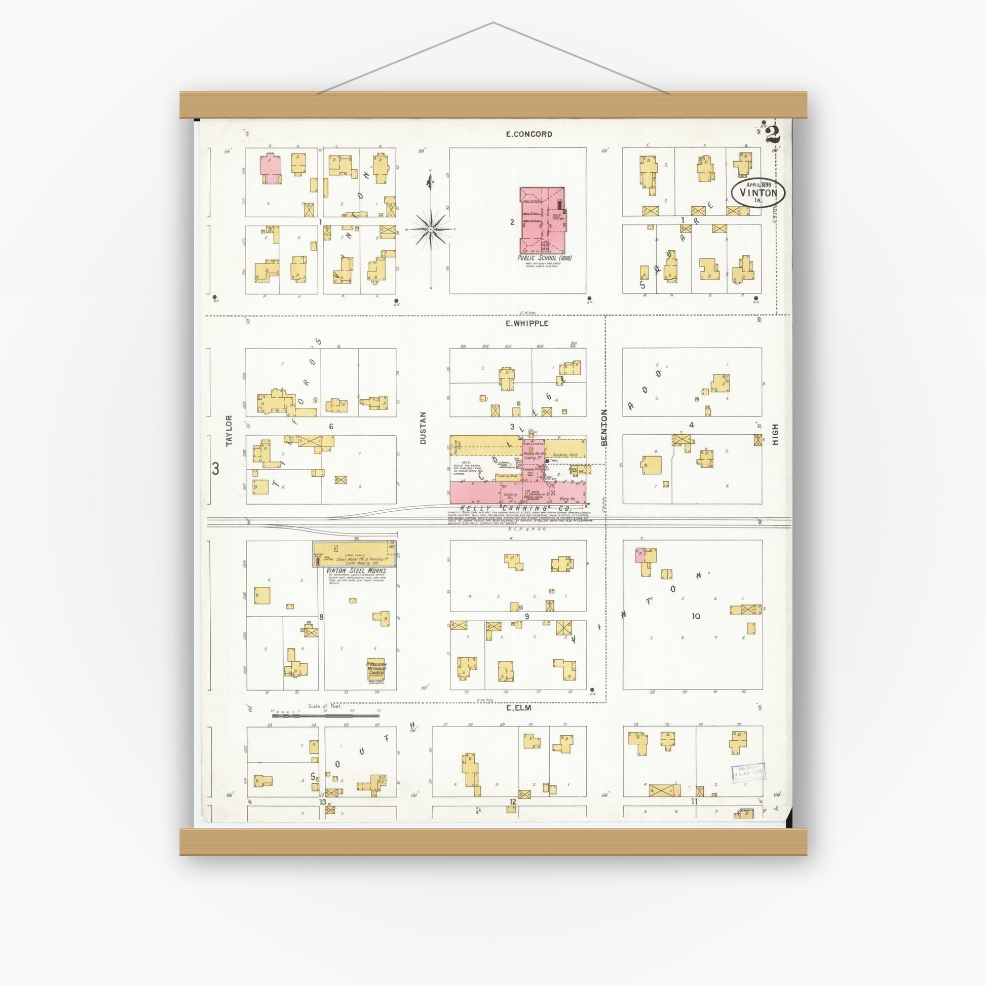 Old map wall art mockup — magnetic wood frame on white wall — Sanborn Fire Insurance Map from Vinton, Benton County, Iowa (1899), Sheet #0002