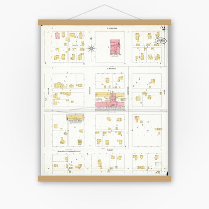 Old map wall art mockup — magnetic wood frame on white wall — Sanborn Fire Insurance Map from Vinton, Benton County, Iowa (1899), Sheet #0002