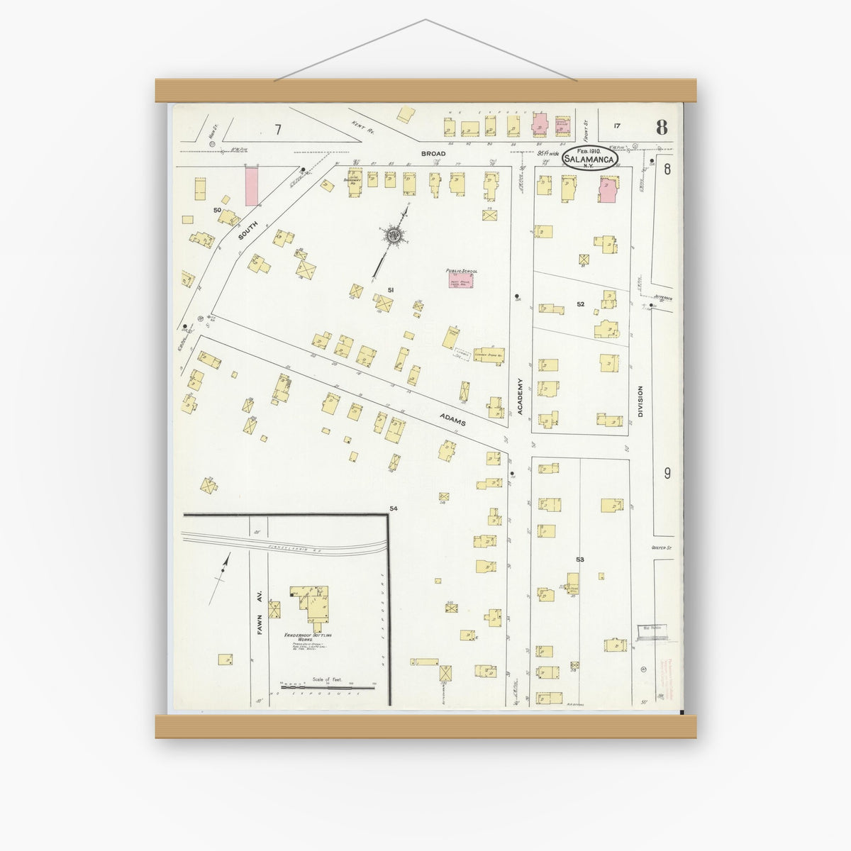 Old map wall art mockup — magnetic wood frame on white wall — Sanborn Fire Insurance Map from Salamanca, Cattaraugus County, New York (1910), Sheet #0008