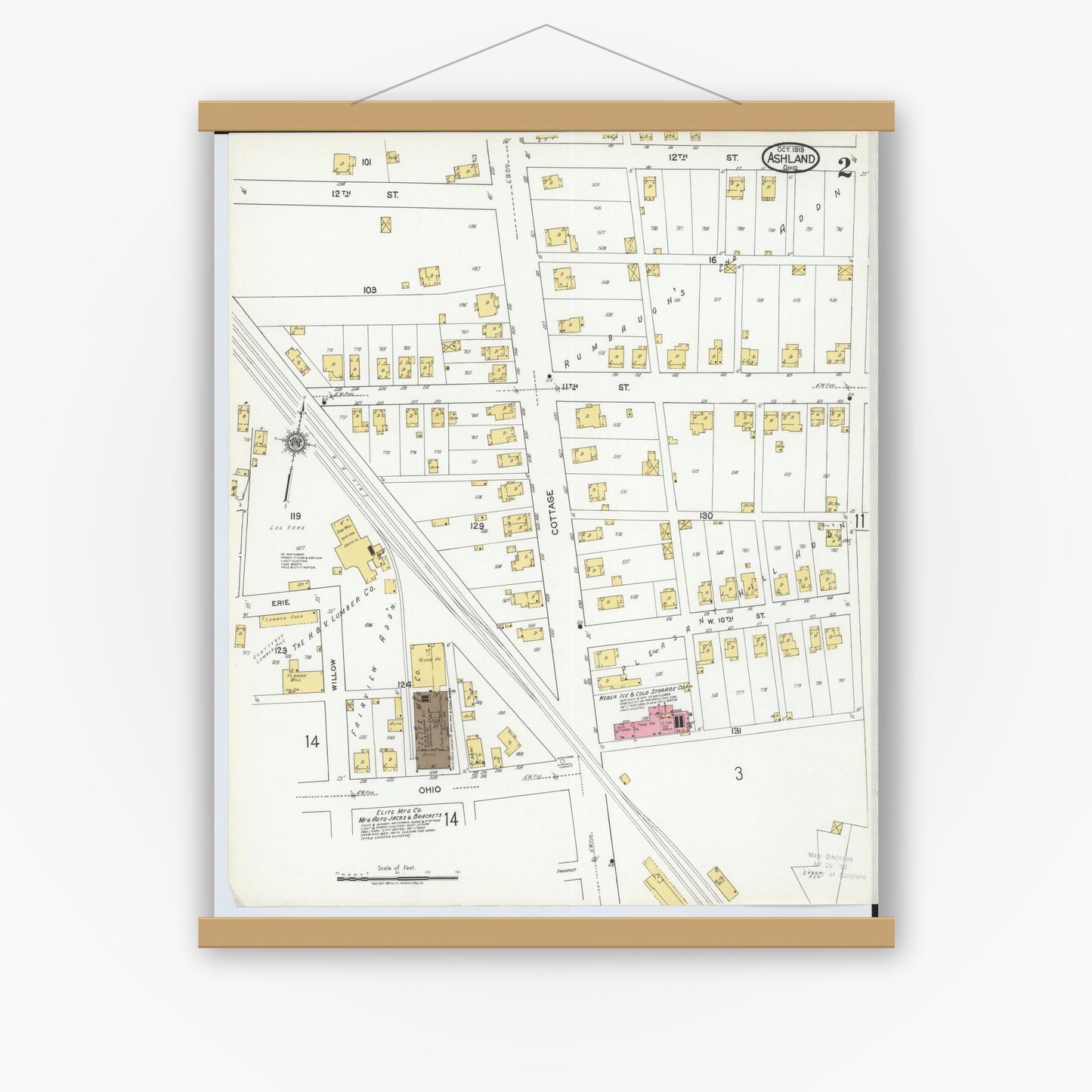 Old map wall art mockup — magnetic wood frame on white wall — Sanborn Fire Insurance Map from Ashland, Ashland County, Ohio (1919), Sheet #0002