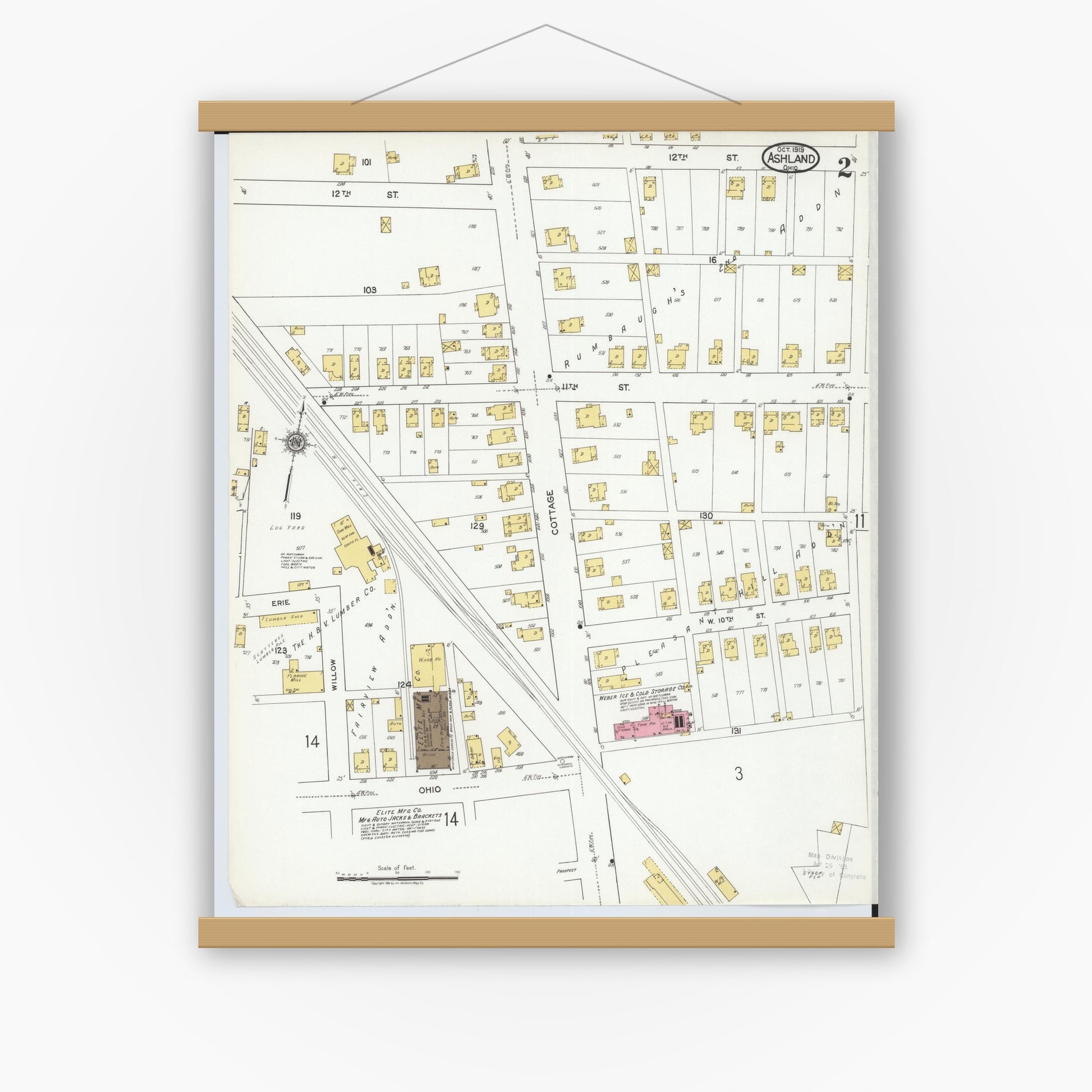 Old map wall art mockup — magnetic wood frame on white wall — Sanborn Fire Insurance Map from Ashland, Ashland County, Ohio (1919), Sheet #0002