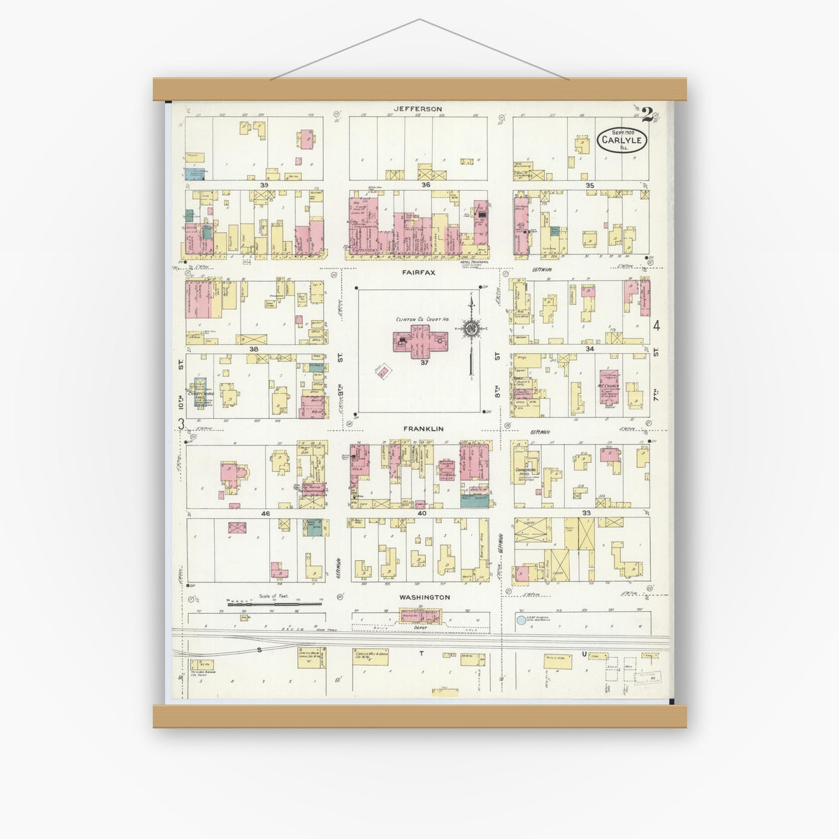 Old map wall art mockup — magnetic wood frame on white wall — Sanborn Fire Insurance Map from Carlyle, Clinton County, Illinois (1909), Sheet #0002