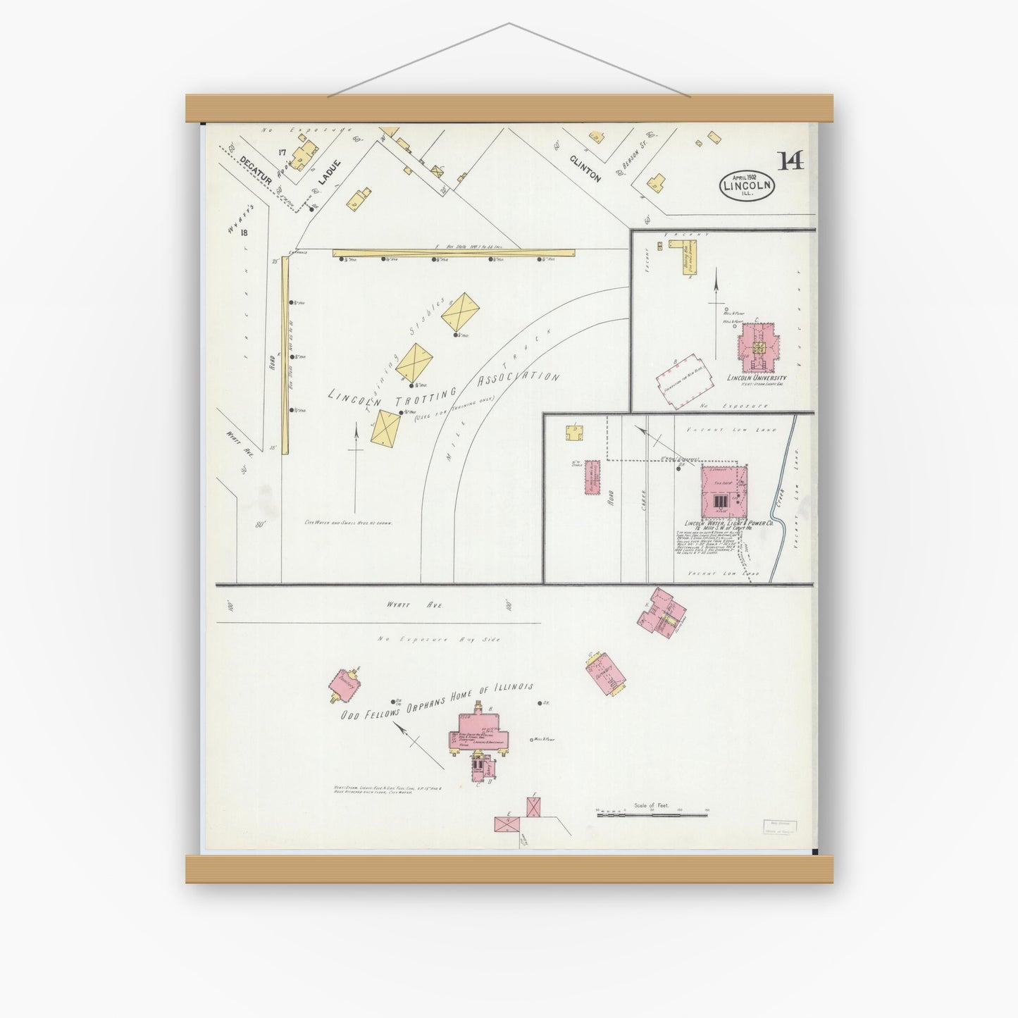 Old map wall art mockup — magnetic wood frame on white wall — Sanborn Fire Insurance Map from Lincoln, Logan County, Illinois (1902), Sheet #0014