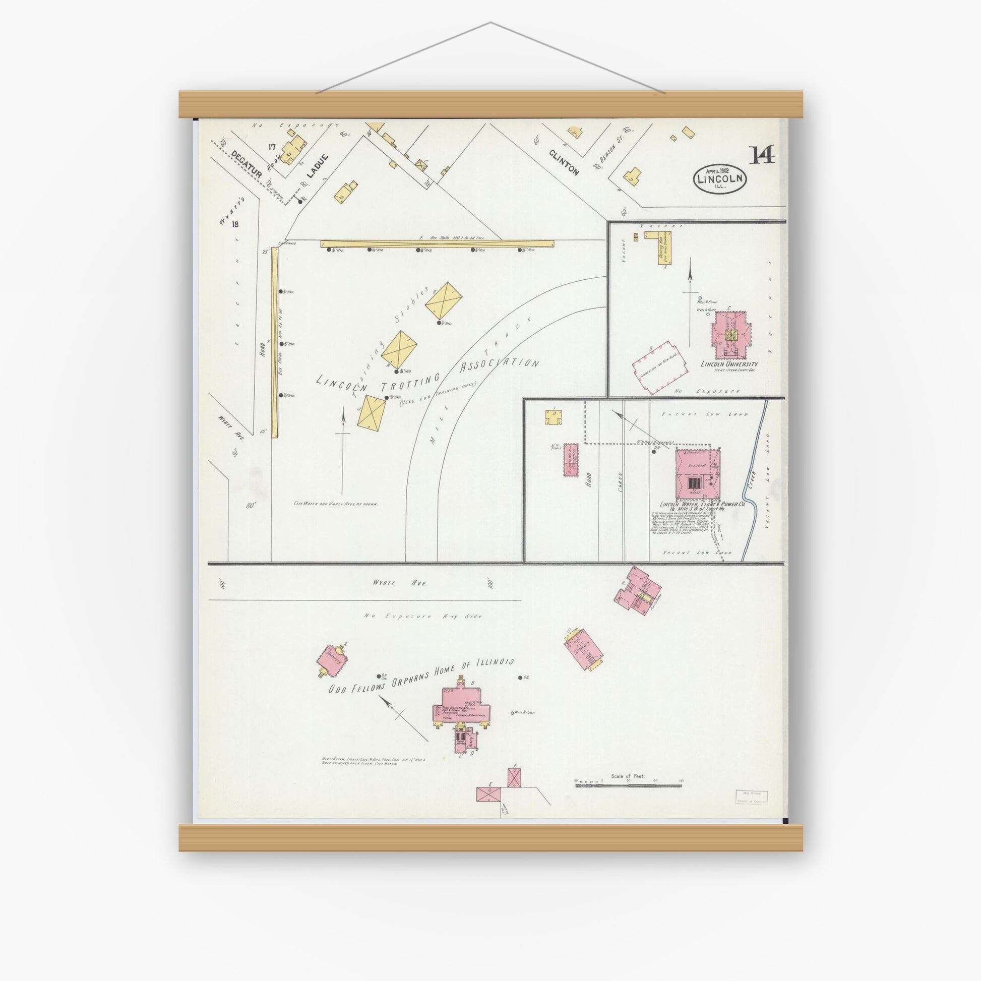 Old map wall art mockup — magnetic wood frame on white wall — Sanborn Fire Insurance Map from Lincoln, Logan County, Illinois (1902), Sheet #0014