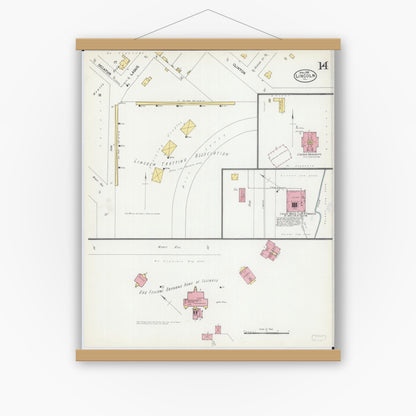 Old map wall art mockup — magnetic wood frame on white wall — Sanborn Fire Insurance Map from Lincoln, Logan County, Illinois (1902), Sheet #0014