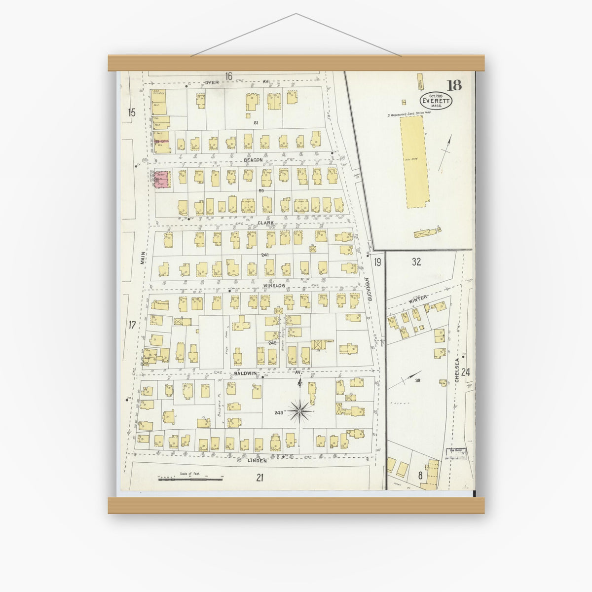 Old map wall art mockup — magnetic wood frame on white wall — Sanborn Fire Insurance Map from Everett, Middlesex County, Massachusetts (1903), Sheet #0018