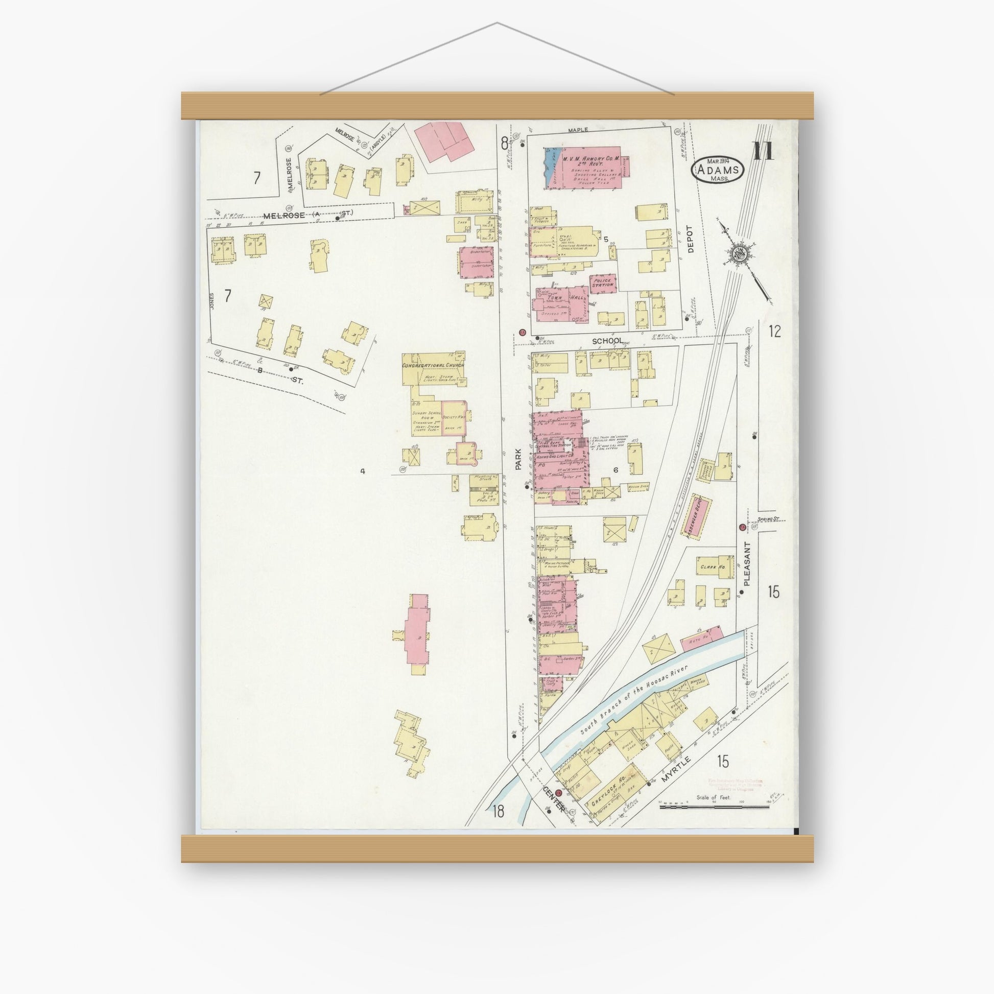 Old map wall art mockup — magnetic wood frame on white wall — Sanborn Fire Insurance Map from Adams, Berkshire County, Massachusetts (1914), Sheet #0011