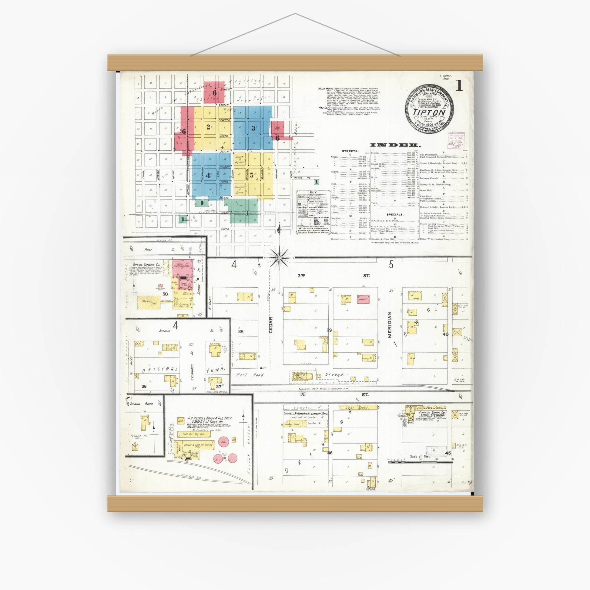 Old map wall art mockup — magnetic wood frame on white wall — Sanborn Fire Insurance Map from Tipton, Cedar County, Iowa (1906) â€” Complete Set