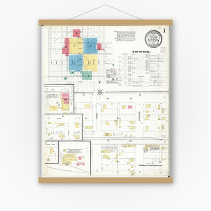 Old map wall art mockup — magnetic wood frame on white wall — Sanborn Fire Insurance Map from Tipton, Cedar County, Iowa (1906) â€” Complete Set
