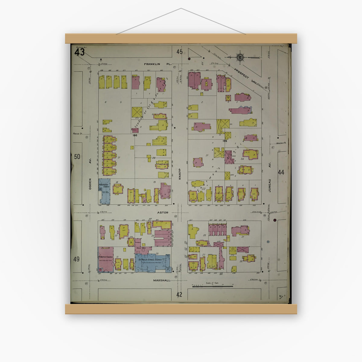 Old map wall art mockup — magnetic wood frame on white wall — Sanborn Fire Insurance Map from Milwaukee, Milwaukee County, Wisconsin (1910), Sheet #0043