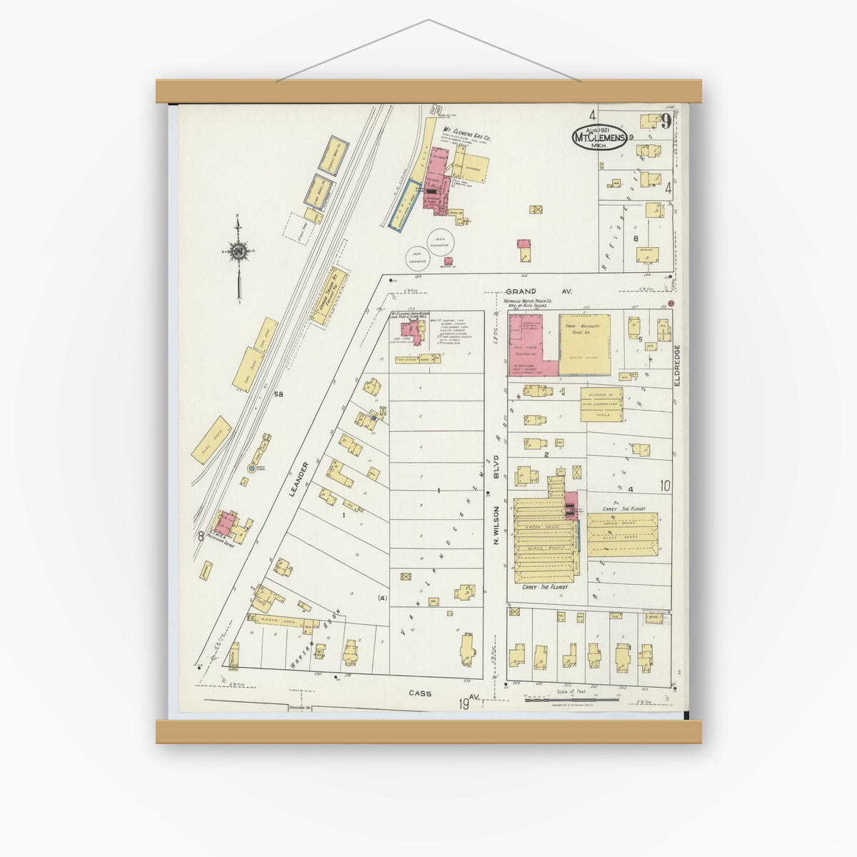 Old map wall art mockup — magnetic wood frame on white wall — Sanborn Fire Insurance Map from Mount Clemens, Macomb County, Michigan (1921), Sheet #0009